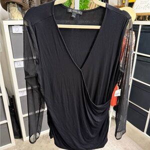 INC International Concepts Black Draped Mesh Sleeve Surplice Top
